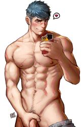 1boy abs bara blue_hair blush cellphone clothes_removed greentea highres holding_penis looking_at_viewer male_only muscular muscular_male navel nipple_piercing original pectoral_cleavage pectorals penis_peek phone pubic_hair scar seductive_look treasure_trail undercut