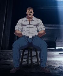 1boy bara daddy eyepatch fullmetal_alchemist hands_behind_back king_bradley male male_only moustache muscle muscles muscular restrained ryans tied_hands tight_clothes tight_clothing tight_pants tight_shirt