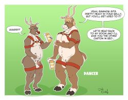 anthro antlers balls bell belly breasts burping capreoline cervid dancer_(reindeer) dialogue duly_noted duo eggnog female flaccid genitals hand_on_stomach harness hi_res hooves horn larger_female male mammal mostly_nude nipples overweight overweight_female overweight_male penis pussy reindeer rudolph rudolph_the_red-nosed_reindeer rudolph_the_red_nosed_reindeer size_difference smaller_male weight_gain