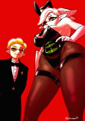 1boy 1boy1girl 1girls agent_4_(splatoon) armpits artist_name bare_shoulders big_breasts black_leotard bowtie breasts bunny_ears bunny_girl bunnysuit cameltoe cleavage clothed clothing curvaceous curvy earrings elbow_gloves eyelashes female gloves hair_ribbon hand_on_hip hi_res highres hotaruman97 inkling large_breasts legwear leotard light-skinned_female light-skinned_male light_skin long_ears looking_at_viewer looking_down male marie_(splatoon) mole mole_under_eye nintendo pantyhose pointy_ears red_background ribbon short_hair sideboob signature simple_background smile smoking splatoon standing tentacle_hair thick_thighs thigh_strap thighs tight_clothing unusual_pupils viewed_from_below watermark white_gloves white_hair wide_hips yellow_eyes yellow_hair