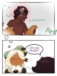 2boys black_nail_polish blonde_hair blush brown_eyes brown_hair comic cookie_run cookie_run_kingdom dark-skinned_femboy dark-skinned_male dark_skin daydream eclair_cookie eclair_cookie_(cookie_run) espresso_cookie fantasizing femboy femboy_on_femboy gay shirtless white_socks yaoi