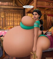 1girls aladdin arab arabian ass ass_expansion bed bedroom belly belly_expansion big_ass big_belly big_breasts black_hair breast_expansion breasts bubble_butt dark-skinned_female dark_skin dialogue disney disney_princess earrings ergos expansion female huge_belly huge_breasts large_ass middle_eastern middle_eastern_female obese ponytail princess princess_jasmine royalty text tiara