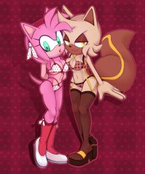 amy_rose anthro bedroom_eyes bra breasts chipmunk cleavage clothed clothing duo eulipotyphlan female footwear ground_squirrel heart_background hedgehog hi_res legwear lingerie looking_at_viewer mammal narrowed_eyes open_mouth panties rodent saltwatertoffee sciurid seductive sega shoes smile socks sonic_(series) sonic_the_hedgehog_(series) thigh_highs toffee_the_chipmunk underwear