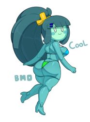 adventure_time ass ass_cleavage bikini bmo butt_crack cartoon_network green_body green_hair green_skin high_heels large_breasts long_hair looking_at_viewer mob_face ponytail robot robot_girl somescrub