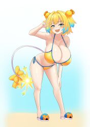 1girls bent_forward bikini blonde_hair bombergirl female female_focus female_only hanging_breasts huge_breasts light-skinned_female light_skin looking_at_viewer multicolored_hair pine_(bombergirl) puffywaffles shiny_skin voluptuous yellow_hair