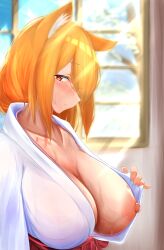 animal_ear_fluff animal_ears blue_sky breasts closed_mouth collarbone commentary_request day female fox_ears fox_girl from_side hair_over_one_eye hakama highres huge_breasts japanese_clothes kimono long_bangs long_hair looking_at_viewer miko nipples no_bra one_breast_out open_clothes open_kimono original profile red_hakama sky solo sunlight sweat togutogu tree white_kimono window