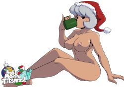 2016 anthro areola bandai_namco big_breasts breasts bucky_o'hare_(series) canid canine christmas christmas_clothing christmas_headwear clothing coffee_mug digimon digimon_(species) domestic_cat erect_nipples felid feline felis female hat headgear headwear holidays jenny_(bucky_o'hare) looking_at_viewer mammal negligee nipples nude renamon santa_hat simple_background solo sweet_polly_purebred underdog_(series) yawg