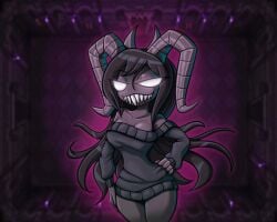 breasts demon_girl demon_horns female female_only hand_on_ass latiar long_hair looking_at_viewer seductive_eyes seductive_look seductive_smile sharp_teeth small_breasts solo_female solo_focus succubus sweater teeth the_binding_of_isaac the_siren_(the_binding_of_isaac) white_eyes