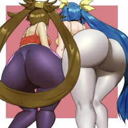 2girls ass ass_focus back back_view bent_over big_ass big_butt blue_hair breasts brown_hair butt dat_ass dizzy_(guilty_gear) doublehero fat_ass female female_only from_behind guilty_gear huge_ass huge_butt kuradoberi_jam legs long_hair mature_female milf multiple_girls pants skin_tight thick_thighs thighs tight_clothing tight_pants twintails