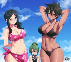 3girls amber_eyes annoyed armpits arms_behind_back beach beauty_mark big_breasts bikini black_bikini black_hair blush breast_envy cleavage clothed clothing cloud clouds dark-skinned_female dark_skin duo_focus female female_only green_hair human igarashi_futaba_(shiromanta) jadenkaiba kurobe_natsumi_(shiromanta) light-skinned_female light_skin lowres mostly_nude multiple_girls outdoors sakurai_touko senpai_ga_uzai_kouhai_no_hanashi short_hair size_difference smaller_female smug smug_grin standing swimsuit tomboy very_short_hair yellow_eyes