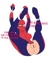 1girls anus ass_focus assisted_exposure bondage dialogue english_text female female_only human human_only light-skinned_female light_skin marvel mayday_parker open_legs restrained revoidd spider-girl spider-man_(series) spider_web suit superheroine suspension vagina visible_pussy