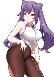 armpit_crease armpits bangs breasts brown_legwear cowboy_shot female genshin_impact hand_on_own_stomach high-waist_pantyhose highres keqing_(genshin_impact) large_breasts long_hair looking_to_the_side manabebebe no_pants open_collar pantyhose purple_eyes purple_hair shirt sidelocks simple_background sleeveless solo standing thick_thighs thighs twintails white_background white_shirt