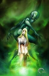 2girls alien alien_girl big_breasts blonde_hair giantess huge_breasts monster monster_girl omac tall_female