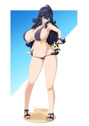 @_@ ahoge alternate_breast_size armband ass_visible_through_thighs bikini blue_eyes breasts cleavage female frilled_bikini frills hairband hex_maniac huge_breasts looking_down lowleg lowleg_bikini messy_hair micro_bikini midriff mimikyu nail_polish navel open_mouth pokemon pokemon_(game) pokemon_(species) pokemon_xy purple_bikini purple_hair purple_hairband purple_nails sandals simple_background solo swimsuit toudori