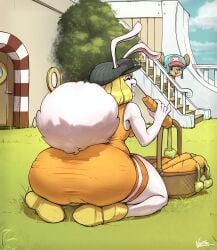 1boy 1girls animal_ears anthro ass ass_focus big_ass big_butt blonde_hair bunny_ears bunny_tail carrot carrot_(one_piece) carrots eating female furry happy hat huge_ass large_ass long_ears male noctoc one_piece short_hair thick_thighs thighs tony_tony_chopper white_fur