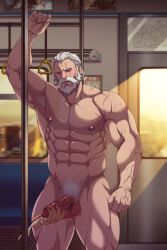 bara beard big_nipples boner chest_hair cumshot erection genital_piercing hairy hairy_chest handjob male_only muscle muscles muscular naked nipple_piercing old_man older_male overwatch pantless pecs pectorals penis penis_grab penis_out piercing public public_nudity public_transportation reinhardt ryans shirt_lift shirtless subway white_hair