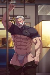 bara beard big_nipples bulge chest_hair flaccid hairy hairy_chest half_naked jockstrap male_only muscle muscles muscular nipple_piercing old_man older_male overwatch pants_down pants_pull pecs piercing public public_nudity public_transportation reinhardt ryans shirt_lift subway underwear