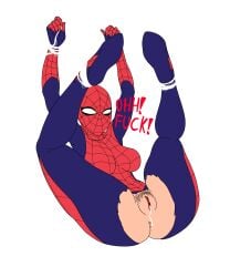 1girls anus ass_focus assisted_exposure bondage cum cum_in_pussy dialogue english_text female female_only hairy_pussy human human_only light-skinned_female light_skin marvel mayday_parker open_legs pubic_hair restrained revoidd semen spider-girl spider-man_(series) spider_web suit superheroine suspension vagina visible_pussy