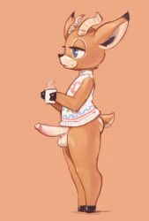 animal_crossing antelope anthro balls beau_(animal_crossing) beverage biped black_nose blue_eyes bottomless bovid clothed clothing coffee edit erection eyelashes fur genitals hooves horn humanoid_genitalia humanoid_penis male male_only mammal multicolored_body nintendo orange_body orange_fur penis shirt simple_background solo somnamg standing thick_thighs topwear two_tone_body video_games