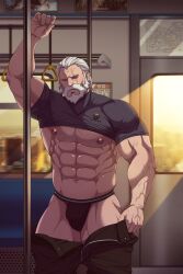 bara beard big_nipples bulge chest_hair flaccid hairy hairy_chest half_naked jockstrap male_only muscle muscles muscular old_man older_male overwatch pants_down pants_pull pecs public public_nudity public_transportation reinhardt ryans shirt_lift subway underwear