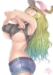 1girls asdj ass ass_cleavage belt black_shirt blonde_hair blue_eyes blue_hair blue_iris butt_crack denim denim_shorts dragon_girl green_eyes green_hair hat heterochromia horns huge_breasts jorts kobayashi-san_chi_no_maidragon looking_at_viewer miss_kobayashi's_dragon_maid multicolored_hair one_eye_closed open_mouth pink_cap pink_hat quetzalcoatl_(dragon_maid) shirt_lift shorts simple_background solo standing sweat tank_top underboob undressing white_background yellow_pupils