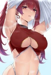 alternate_version_available armpits arms_up belly big_breasts cleavage cleavage_cutout gradient_background hololive hololive_fantasy hololive_japan houshou_marine i-chandraws navel nipple_bulge red_eyes red_hair simple_background steam steaming_body steamy_breath sweat sweatdrop swimsuit swimwear underboob virtual_youtuber