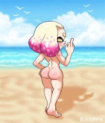 absurd_res beach blonde_hair cephalopod female gesture hair hand_on_hip hi_res humanoid inkling jodyinkfist looking_at_viewer looking_back looking_back_at_viewer marine middle_finger mollusk multicolored_hair nintendo nude pearl_(splatoon) pink_hair pseudo_hair seaside slim solo splatoon tan_body tan_skin tentacle tentacle_hair video_games wide_hips yellow_eyes