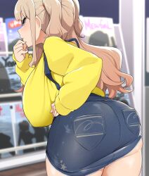 ass ass_in_dress bebebe_(pepegakii) blonde_hair breasts busty curvaceous curvy_figure denim denim_skirt emotionless emotionless_female endowment female from_behind highres huge_breasts indifference indifferent kousaka_airi_(bebebe) long_hair magazine_rack manabebebe original original_character overflowing_breasts shirt short_twintails shortstack skirt skirt_rolled_up sleeves_past_wrists solo solo_female suspenders tomboy top_heavy twintails two_side_up unamused voluptuous wide_hips yellow_shirt