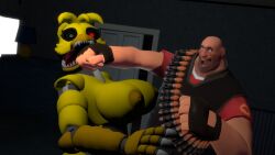 1boy 1girls ammunition_belt blood breasts female fight fighting fingerless_gloves five_nights_at_freddy's five_nights_at_freddy's_4 funny garry's_mod heavy_weapons_guy humor male nightmare_chica_(fnaf) palpatinedewit punch ryona source_filmmaker tagme team_fortress_2