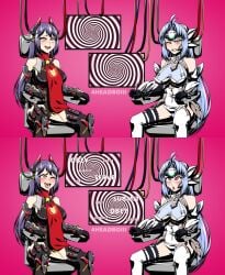 2girls 4headboiii @_@ ahe_gao blue_hair boob_window brainwashing defeated femsub gloves happy_sub horny_female hypnosis kos-mos long_hair mind_break mind_control multiple_girls multiple_subs poppi_(xenoblade) poppi_qtpi_(xenoblade) purple_hair restrained saliva spiral_eyes submissive_female text thighhighs tongue tongue_out underboob xenoblade_(series) xenoblade_chronicles_2 xenosaga