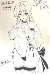 areolae big_breasts blush breasts breasts_exposed cleavage collarbone embarrassed female glasses groin highres large_breasts long_hair milf monochrome navel nipples panties panties_only ribbon ribbon_in_hair solo stomach taro_kasukabe teacher tearju_lunatique thighs to_love-ru underwear very_long_hair