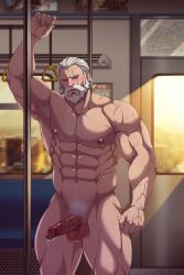 bara beard big_nipples boner chest_hair cum_drip erection hairy hairy_chest male_only muscle muscles muscular naked nipple_piercing old_man older_male overwatch pantless pecs pectorals penis penis_grab penis_out piercing public public_nudity public_transportation reinhardt ryans shirt_lift shirtless subway white_hair