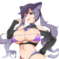 bangs bare_shoulders bikini braid breasts clothing_cutout earrings eyepatch_bikini female genshin_impact hair_between_eyes hand_on_hip highleg highleg_bikini highres jewelry keqing_(genshin_impact) large_breasts long_hair looking_at_viewer manabebebe navel open_mouth purple_bikini purple_eyes purple_hair shiny shiny_skin shoulder_cutout simple_background single_braid skindentation solo strapless strapless_bikini swimsuit symbol-shaped_pupils tassel twintails twisted_torso upper_body v-shaped_eyebrows white_background