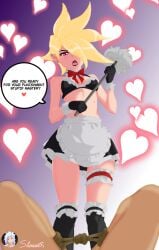 1boy 1girls blonde_hair clothed femdom kayle league_of_legends maid maid_uniform pentakill_kayle pentakill_series piercing pov shiroots