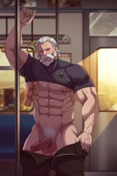 1boy bara beard big_nipples boner chest_hair clothed_sex disembodied_hand erect_penis erection facial_hair hairy hairy_chest half_naked holding_pecs male_only muscle muscles muscular old_man older_male overwatch pants_down pants_pull pecs pectorals penis penis_out public public_nudity public_transportation reinhardt ryans shirt_lift subway