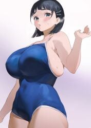 1girls bangs black_hair blunt_bangs blush bob_cut breasts chin_length_hair covered_navel female green_eyes hairclip huge_breasts iku_(ikuchan_kaoru) kirigaya_suguha large_breasts looking_down navel one-piece_swimsuit open_mouth overflow school_swimsuit short_hair sweat swimsuit sword_art_online thick_thighs thighs too_small_clothes undersized_clothes viewed_from_below