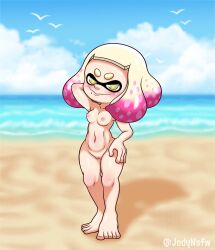 absurd_res beach blonde_hair breasts cephalopod clothing female footwear genitals hair hand_on_head hi_res humanoid inkling jodyinkfist looking_at_viewer marine mollusk multicolored_hair navel nintendo nude pearl_(splatoon) pink_hair pseudo_hair pussy sandals seaside slim small_breasts solo splatoon tan_body tan_skin tentacle tentacle_hair video_games yellow_eyes