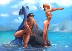 1boy 1girls abs aged_up armpits balls barefoot black_hair blue_eyes breasts casual casual_nudity completely_nude completely_nude_female completely_nude_male diving eltonel eye_contact feet female female_pubic_hair flaccid foreskin grin hourglass_figure human human_only kasumi_(pokemon) lapras male male_and_female_focus male_with_female muscular muscular_female muscular_male naked navel nintendo nipples nonsexual_nudity nude nude_female nude_male nudist orange_hair outdoors penis pokemon pokemon_rgby pubic_hair pussy satoshi_(pokemon) sea shell short_hair skinny_dipping smile source_request stretching text toes tomboy uncut water watermark wet wet_body wholesome wholesome_nudity wide_hips wink winking