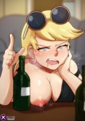 alcohol angel_glitch blonde_female blonde_hair blue_eyes breasts drunk exposed_breasts eyewear_on_head female female_focus female_only leni_loud light-skinned_female long_hair nickelodeon nipples solo_female sunglasses sunglasses_on_head the_loud_house