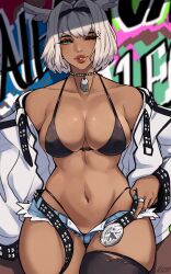 absurdres alecto_0 belt bikini black_bikini blue_eyes breasts buckle caenis_(fate) cowboy_shot cutoffs dark-skinned_female dark_skin denim denim_shorts dog_tags fate/grand_order fate_(series) feathered_wings female graffiti head_wings highres jacket jewelry large_breasts lips looking_at_viewer navel one_eye_closed oversized_jacket parted_lips ring short_hair shorts signature single_thighhigh smile solo streetwear swimsuit thighhighs torn_clothes torn_legwear undressing unzipped white_hair white_jacket wings