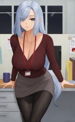 1girls 2022 blush breasts business_woman cleavage clothed clothed_female female female_only genshin_impact green_eyes hi_res hips huge_breasts indoors leaning_forward light_blush low_neckline name_tag office office_lady pantyhose shenhe_(genshin_impact) skirt slim_waist smile smiling_at_viewer thick_thighs thighs tights very_long_hair white_hair wide_hips zaphn