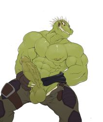 1boy abs anthro anthro_only balls big_muscles big_penis clothed clothing crocodile crocodilian crocodylid dorohedoro genitals gloves green_nipples handwear hi_res kaiman kaiman_(dorohedoro) looking_at_viewer male male_only masturbation muscular muscular_male nipples pecs penile penile_masturbation penis reptile scalie sharp_teeth simple_background smile solo teeth thick_penis topless utx-shapeshifter vein veiny_penis white_background