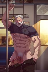 bara beard big_nipples boner chest_hair cumshot erection hairy hairy_chest half_naked handjob male_only muscle muscles muscular old_man older_male overwatch pants_down pants_pull pecs penis penis_grab penis_out public public_nudity public_transportation reinhardt ryans shirt_lift subway