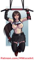 1girls athletic_female bare_midriff belly_button belt breasts breasts_out brown_eyes brown_hair clothed clothing female final_fantasy final_fantasy_vii fingerless_gloves hands_above_head holding_object large_breasts lipstick long_hair looking_at_viewer miniskirt mwxxxart navel nipples no_bra patreon_username pleated_skirt pull_up_bar pull_ups shirt_lift skirt sleeveless_shirt solo suspended suspenders tagme thigh_highs thighs tifa_lockhart