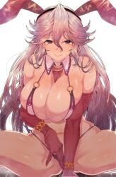 animal_ears areola_slip areolae bangs bare_shoulders bikini blush breasts bunny_ears cleavage collarbone commentary detached_collar female female granblue_fantasy grey_hair highres large_breasts long_hair looking_at_viewer magisa_(granblue_fantasy) navel o-ring purple_eyes rabbit_ears smile solo sweat swimsuit thighs wakura_(gcdan)