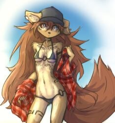 anthro apogee_(tinygaypirate) arm_tuft bikini black_nose blue_background breasts brown_body brown_fur brown_hair canid canine canis cheek_tuft clothing domestic_dog ear_piercing eyebrow_through_hair eyebrows facial_markings facial_piercing facial_tuft female floppy_ears fur furgonomics furry-specific_piercing gradient_background hair hat head_markings headgear headwear hi_res inner_ear_fluff long_hair looking_aside mammal markings messy_hair muzzle_piercing navel nose_piercing pattern_clothing pattern_shirt pattern_topwear piercing plaid plaid_clothing plaid_shirt plaid_topwear raised_arm shirt simple_background slim solo spitz standing swimwear tinygaypirate topwear translucent translucent_hair tuft undressing white_background