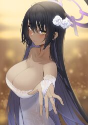 1girls 2022 absurdres bare_shoulders black_hair blue_archive blush breasts bridal_gauntlets brown_background cleavage closed_mouth dark-skinned_female dark_skin dress female female_focus female_only flower from_side hair_between_eyes hair_flower hair_ornament halo highres jewelry karin_(blue_archive) karin_kakudate large_breasts long_hair looking_at_viewer looking_to_the_side lordol ring rose smile solo solo_female strapless strapless_dress upper_body very_long_hair wedding_band wedding_dress white_dress white_flower white_rose yellow_eyes