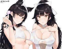 2girls alternate_costume animal_ears asymmetrical_docking atago_(azur_lane) atago_(summer_march)_(azur_lane) azur_lane bangs bikini black_hair blush bow breast_press breasts brown_eyes closed_mouth covered_nipples extra_ears eyebrows_visible_through_hair hair_ribbon hairbow j@ck large_breasts leaning_forward light-skinned_female light_skin long_hair looking_at_viewer mole mole_under_eye multiple_girls one-piece_swimsuit parted_lips ponytail ribbon sakura_empire_(azur_lane) simple_background skindentation smile swept_bangs swimsuit takao_(azur_lane) takao_(beach_rhapsody)_(azur_lane) twitter_username upper_body very_long_hair white_background white_bikini white_bow white_ribbon white_swimsuit wristband