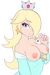 1girls areolae bhloopy big_breasts breasts coin female looking_at_viewer mario_(series) nintendo nipples partially_clothed pointing princess_rosalina smile solo solo_female super_mario_galaxy topless white_background