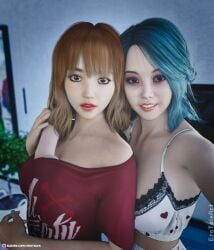 2girls 3d blue_hair breast_grab depth_of_field dyed_hair erotales female female_only indoors light_brown_hair lipstick looking_at_viewer medium_hair mindy_(erotales) multiple_girls pinup red_lipstick selfie slushe_(website) smile yunnie_(erotales) yuri